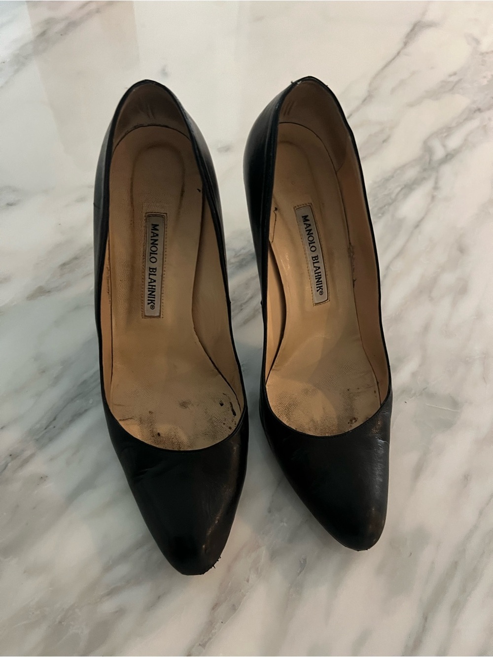Manolo Blahnik Black Pointed-Toe Leather Pumps